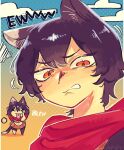  1girl animal_ears black_hair cat_ears cat_tail chibi chibi_inset disgust dungeon_meshi eyelid_pull highres izutsumi mangoo099 orange_eyes portrait red_scarf scarf slit_pupils tail tongue tongue_out 