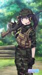  1girl absurdres assault_rifle black_hair blue_eyes camouflage feet_out_of_frame game_cg gloves gridman_universe gun h&amp;k_hk416 highres holding holding_weapon long_hair looking_at_viewer military military_uniform official_art outdoors ponytail rifle solo ssss.gridman takarada_rikka tree uniform weapon 