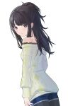  1girl bangs bare_shoulders black_hair black_legwear blue_shorts commentary_request eyebrows_behind_hair gomibukurokarasu grey_eyes highres idolmaster idolmaster_shiny_colors kazano_hiori legwear_under_shorts long_hair looking_at_viewer looking_back off-shoulder_shirt off_shoulder shirt short_shorts shorts simple_background solo white_background white_shirt 