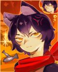  1girl anger_vein animal_ears black_hair cat_ears cat_girl dungeon_meshi fish highres image_in_thought_bubble mangoo099 red_scarf scarf short_hair solo sparkle speech_bubble thought_bubble yellow_eyes 