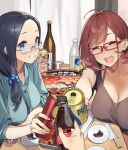  2girls 92m alcohol beer beer_can blue_eyes bottle breasts breasts_apart brown_hair can cleavage commentary_request eyebrows_visible_through_hair food glasses highres japanese_clothes large_breasts looking_at_viewer multiple_girls open_mouth original ponytail short_hair smile 