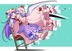  2girls bat_wings blush book boots chair closed_eyes crescent crescent_hat_ornament dotted_background dress eichi_yuu fang hair_ribbon hat hat_ornament jumping light_blue_hair long_hair long_sleeves mob_cap multiple_girls open_mouth patchouli_knowledge pink_dress pointy_ears purple_eyes purple_hair red_ribbon remilia_scarlet ribbon short_hair short_sleeves striped striped_dress touhou wide_sleeves wings wristband 