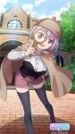  1girl absurdres black_legwear breasts brown_shorts cloak day detective eyebrows_visible_through_hair feet_out_of_frame game_cg gridman_universe highres holding holding_notebook looking_at_viewer magnifying_glass notebook official_art outdoors pink_hair red_eyes shinjou_akane short_hair shorts solo ssss.gridman thighhighs 