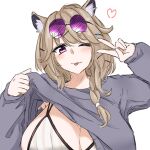  1girl ;) animal_ears arknights bangs bikini bikini_under_clothes blonde_hair blush breasts clothes_lift fang grey_shirt hair_ornament heart large_breasts long_sleeves maiq06 official_alternate_costume one_eye_closed purple_eyes shirt shirt_lift simple_background skin_fang smile solo striped striped_bikini swimsuit tail tongue tongue_out upper_body utage_(arknights) utage_(summer_flowers)_(arknights) v vertical-striped_bikini vertical_stripes white_background 