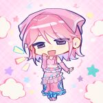  1girl argyle_clothes argyle_tank_top backlighting bare_shoulders beads blue_bow boots bow brown_eyes bubble_print chibi chinese_commentary cloud commentary_request crop_top eyes_visible_through_hair floral_print footwear_bow frilled_pants frills hair_between_eyes half-closed_eyes hand_on_own_cheek hand_on_own_face happy haroi headscarf infinity_nikki long_hair looking_at_viewer midriff nikki_(series) notice_lines open_mouth pants pink_arm_warmers pink_background pink_boots pink_bow pink_hair pink_headscarf pink_pants pink_tank_top pink_theme plaid_background print_headwear print_pants shoulder_bow smile solo standing star_(symbol) stylist_(nikki) tank_top 