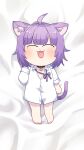  1girl :3 absurdres ahoge animal_collar animal_ears cat_ears cat_girl cat_tail chibi closed_eyes collar collared_shirt commentary_request dakimakura_(medium) full_body highres hololive lying nekomata_okayu on_back open_mouth purple_hair shirt smile solo tail tomoyohi virtual_youtuber 