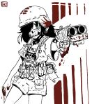  1girl aiming artist_logo bags_under_eyes blood blood_drip blood_on_gun blood_on_hands blood_on_weapon cargo_shorts clothes_writing combat_helmet commentary commission cowboy_shot double_barrels english_commentary english_text explosive finger_on_trigger foreshortening green_eyes grenade gun hair_over_one_eye handgun helmet holding holding_gun holding_weapon homemade_gun imax_3d jaggy_lines knife kuroki_tomoko logo long_hair looking_at_viewer mask mouth_mask shirt shorts sketch skull_print solo spot_color stahlhelm suspenders t-shirt watashi_ga_motenai_no_wa_dou_kangaetemo_omaera_ga_warui! weapon white_background 