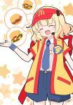  1girl :d ^_^ badge blue_necktie blue_shorts blush burger button_badge closed_eyes collared_shirt cosplay facing_viewer food gochuumon_wa_usagi_desu_ka? hat head_tilt headset highres imadake_dabuchi_tabemi imadake_dabuchi_tabemi_(cosplay) jacket kirima_syaro mcdonald&#039;s mitya necktie open_clothes open_jacket red_hat shirt short_sleeves shorts smile solo spoken_food star_(symbol) striped_clothes striped_shirt tie_clip twitter_username vertical-striped_clothes vertical-striped_shirt visor_cap white_background white_shirt yellow_jacket 
