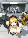  1girl 2boys bikini bikini_top blonde_hair blush bouncing_breasts breasts brown_eyes chain cleavage commentary_request from_above gloves helmet highres large_breasts lost_planet lost_planet_2 mecha multiple_boys open_mouth partial_commentary running saka_(daikonnkirai) swimsuit weapon 