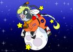 ambiguous_gender bovid bovine cattle clothed clothing digital_media_(artwork) english_text feral fur hair hi_res mammal marvelous_managerie moon night open_mouth outside simple_background sky smile solo space spacesuit star starry_sky tail text tongue