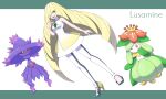  1girl bad_id bad_pixiv_id bangs banned_artist blonde_hair breasts character_name commentary_request diamond_(shape) dress emerald_(gemstone) green_eyes hair_over_one_eye hand_up high_heels highres knees leggings lilligant long_hair looking_at_viewer lusamine_(pokemon) mismagius nin_(female) open_mouth pokemon pokemon_(creature) pokemon_(game) pokemon_sm short_dress sleeveless sleeveless_dress smile tongue white_dress white_legwear 