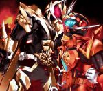  2boys absurdres antennae armor battle black_bodysuit black_gloves blue_eyes bodysuit bug cape desire_driver dooms_geats_core_id fiery_background fire flame_print gauntlets gloves goggles goggles_on_head gotcha_driver gotcha_driver_(daybreak) grasshopper helmet highres in-franchise_crossover kamen_rider kamen_rider_dooms_geats kamen_rider_fire_gotchard_daybreak kamen_rider_fire_gotchard_daybreak_(steam_hopper) kamen_rider_geats kamen_rider_geats:_jyamato_awaking kamen_rider_geats_(series) kamen_rider_gotchard kamen_rider_gotchard:_the_future_daybreak kamen_rider_gotchard_(series) kamen_rider_gotchard_daybreak male_focus mask multiple_boys orange_armor orange_cape orange_fire orange_helmet raise_buckle red_eyes reiei_8 rider_belt scarf standing steam_hopper tokusatsu 