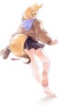  1girl absurdres animal_ears artist_name bare_legs barefoot blonde_hair brown_jacket feet fox_ears fox_girl fox_tail from_behind full_body highres holding holding_shoes holding_unworn_clothes hololive hood hood_down hooded_jacket jacket kneepits legs long_sleeves looking_back miniskirt multicolored_hair omaru_polka pink_hair pleated_skirt puffy_long_sleeves puffy_sleeves purple_eyes purple_skirt shoes simple_background skirt soles solo standing standing_on_one_leg streaked_hair tail tiptoes toes twitter_username unworn_shoes virtual_youtuber white_background wuest 