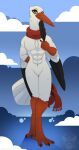 absurd_res anthro avian beak bec-de-gaz biped bird claws digital_media_(artwork) feathered_wings feathers feet hi_res looking_at_viewer male marvelous_managerie nude open_mouth scarf simple_background smile solo stork tail white_body white_feathers winged_arms wings