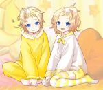  1boy 1girl barefoot blonde_hair blue_eyes closed_mouth collarbone fuzzy_clothes hashtag-only_commentary highres indian_style kagamine_len kagamine_rin long_sleeves looking_at_viewer no_shoes open_mouth pajamas pants pillow seiza shirt short_hair siblings sitting smile striped_clothes striped_thighhighs thighhighs twins vocaloid white_shirt yellow_pants yukihane_(snowowl515) 