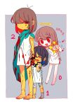  3girls angel aqua_cape bandages black_hair blood blue_cape brown_hair cape chara_(undertale) closed_eyes closed_mouth commentary_request crying deltarune floating frisk_(undertale) full_body half-closed_eyes halo holding holding_another&#039;s_arm korean_commentary kris_(deltarune) looking_at_another looking_at_viewer multiple_girls one_eye_covered open_mouth red_eyes shiny shirt simple_background smile soseji_(tjduswjd) standing teardrop tears undertale white_background white_shirt 