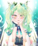  1girl absurdres antlers bangs blush braid breasts ceres_fauna cleavage dress flower green_hair hair_flower hair_ornament hand_on_own_face hands_on_own_face highres hololive hololive_english large_breasts leaf looking_at_viewer medium_hair mikazuki_silvi_(artist) open_mouth virtual_youtuber wavy_hair yellow_eyes 