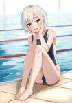  1girl :d ahoge anastasia_(idolmaster) barefoot black_one-piece_swimsuit blue_eyes blush brown_hair ca_paria collarbone commentary_request feet full_body hair_between_eyes hands_on_own_face idolmaster idolmaster_cinderella_girls indoors knees_up looking_at_viewer one-piece_swimsuit open_mouth pool poolside sitting smile solo swimsuit thighs toes 