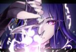  1girl absurdres bangs blurry blurry_foreground bridal_gauntlets closed_mouth commentary_request dun_ji electricity eyebrows_visible_through_hair genshin_impact hair_ornament highres holding holding_sword holding_weapon long_hair looking_at_viewer mitsudomoe_(shape) one_eye_covered purple_eyes purple_hair purple_nails raiden_shogun solo sword tomoe_(symbol) weapon 
