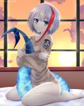  1girl 3: admiral_graf_spee_(azur_lane) admiral_graf_spee_(daily_peaceful_life)_(azur_lane) azur_lane bangs bare_legs barefoot bed_sheet blue_eyes blunt_bangs brown_sweater cloud cloudy_sky collarbone commentary_request eyebrows_visible_through_hair eyes_visible_through_hair fish_tail hair_between_eyes helvetica_std highres long_sleeves looking_at_viewer multicolored_hair no_pants official_alternate_costume short_hair short_hair_with_long_locks sidelocks silver_hair sitting sky solo streaked_hair sun sweater tail tail_hug twilight two-tone_hair wariza window 