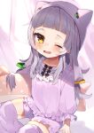  1girl ;o absurdres animal_ears bangs bloomers blunt_bangs cat_ears commentary_request curtains eyebrows_visible_through_hair fake_animal_ears frills hair_ornament hat highres hololive long_hair long_sleeves looking_at_viewer low-tied_long_hair low_twintails murasaki_shion noi_mine one_eye_closed pajamas pillow purple_legwear sidelocks silver_hair sitting solo thighhighs twintails underwear virtual_youtuber waking_up window yellow_eyes younger zettai_ryouiki 