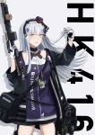  1girl :o assault_rifle bag bangs black_ribbon breasts character_name crossed_bangs cyka eyebrows_visible_through_hair facial_mark feet_out_of_frame girls&#039;_frontline green_eyes gun h&amp;k_hk416 hair_ornament hair_ribbon hand_in_hair hat highres hk416_(girls&#039;_frontline) holding holding_bag holding_weapon long_hair looking_at_viewer mini_hat mod3_(girls&#039;_frontline) purple_headwear ribbon rifle silver_hair solo standing teardrop teardrop_facial_mark teardrop_tattoo uniform weapon white_background 