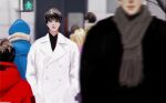  2boys 5others awl_inthe_world black_eyes black_hair black_shirt blurry blurry_foreground clothing_request feet_out_of_frame grey_scarf hand_in_pocket highres kim_dokja looking_at_another multiple_boys multiple_others omniscient_reader's_viewpoint outdoors pedestrian_lights road scarf shirt short_hair street walking wide-eyed yoo_joonghyuk 