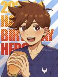  1boy alternate_eye_color antenna_hair blue_sweater bright_pupils brown_eyes brown_hair character_name collarbone dark-skinned_male dark_skin double-parted_bangs food hair_between_eyes happy_birthday hero_(faraway)_(omori) hero_(omori) highres holding holding_food holding_sandwich kato_(momota_rosan) omori sandwich short_hair solo sweater teeth tongue twitter_username upper_body white_pupils 