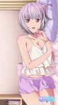  1girl absurdres bedroom breasts camisole cowboy_shot eyebrows_visible_through_hair game_cg gridman_universe highres indoors looking_at_viewer lying medium_breasts official_art on_bed on_side pink_hair pink_shorts red_eyes shinjou_akane short_hair shorts solo ssss.gridman 