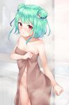  1girl absurdres bare_shoulders blue_ribbon blush breasts commentary_request double_bun embarrassed green_hair groin hair_ornament hair_ribbon highres hololive looking_at_viewer medium_hair naked_towel navel parted_lips pizza_(artist) red_eyes ribbon skull_hair_ornament small_breasts solo towel uruha_rushia virtual_youtuber 
