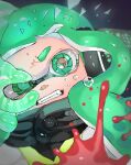  1girl agent_3_(splatoon) bad_id bad_twitter_id black_jacket close-up fangs glass_shards glowing green_eyes green_hair headgear highres inkling jacket long_hair nuinuitoon open_mouth solo splatoon_(series) squidbeak_splatoon teardrop tears yellow_jacket 