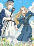  2girls blonde_hair blue_capelet blue_flower blue_rose blue_sky braid breasts capelet choker dungeon_meshi falin_touden feet_out_of_frame field flower flower_field gold_trim green_eyes hair_ribbon hand_in_own_hair highres holding holding_hands holding_staff long_hair marcille_donato medium_breasts multiple_girls outdoors panties parted_bangs parted_lips pointy_ears red_choker red_ribbon ribbon robe rose short_hair sky staff standing twin_braids underwear vzkxgpijofuhnc7 white_panties white_robe yellow_eyes yuri 