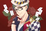  1boy black_jacket black_vest brown_eyes card closed_mouth club_(shape) diamond_(shape) facial_mark falling_card floral_background flower glasses green_hair hand_on_own_face hat heart highres jacket katena_souka looking_at_viewer male_focus multicolored_clothes multicolored_jacket open_clothes open_jacket ornate_clothes red_background red_flower red_rose rose rose_background shirt short_hair smile solo spade_(shape) trey_clover twisted_wonderland two-tone_jacket upper_body vest white_jacket white_shirt 
