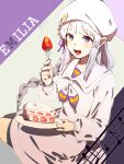  1girl :d alternate_costume bangs bangsutur blush braid cake character_name commentary dress emilia_(re:zero) eyebrows_visible_through_hair food food_on_face fork fruit gradient_hair grey_hair hair_ornament hair_ribbon hat highres holding holding_fork holding_plate long_hair long_sleeves looking_at_viewer multicolored_hair neckerchief open_mouth plate pointy_ears purple_eyes purple_neckerchief purple_ribbon re:zero_kara_hajimeru_isekai_seikatsu ribbon simple_background sitting smile solo strawberry white_hair white_headwear white_neckerchief x_hair_ornament 