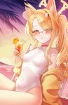  1girl absurdres animal_ears bare_shoulders blonde_hair blue_archive blush covered_navel drink extra_ears eyes_visible_through_hair fox_ears fox_girl from_side hair_over_one_eye halo highleg highleg_one-piece_swimsuit highres holding holding_drink jacket long_hair official_alternate_costume official_alternate_hairstyle one-piece_swimsuit open_clothes open_jacket open_mouth orange-tinted_eyewear pink_eyes ppudang seia_(blue_archive) seia_(swimsuit)_(blue_archive) side_ponytail sidelocks solo sunglasses swimsuit tinted_eyewear visor_cap white_one-piece_swimsuit yellow_halo yellow_jacket 