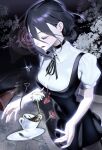  1girl black_choker black_dress black_hair black_ribbon blood branch chainsaw_man choker closed_eyes coffee collared_shirt cup daifunier dress flower hair_between_eyes hair_bun highres neck_ribbon open_mouth reze_(chainsaw_man) ribbon saucer severed_tongue shirt solo spoon teacup traffic_cone white_flower white_shirt 