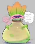  1boy big_belly creature creature_focus english_text fat glasses grey_background highres mangoo099 mega_victreebel pokemon pokemon_(creature) rubbing_stomach thick_lips victreebel 