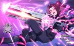  1girl absurdres black_bodysuit blush bodysuit commentary_request commission curtained_hair feet_out_of_frame finger_on_trigger firing glowing gun heart heart-shaped_pupils highres holding holding_gun holding_weapon long_hair matsumoto_tomoyohi open_mouth original pink_eyes pixiv_commission ponytail purple_hair railgun raised_inner_eyebrows solo symbol-shaped_pupils watermark weapon 
