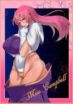  1girl breasts cameltoe character_name clothes_removed commentary cowboy_shot english_text engrish_text gloves gundam gundam_seed gundam_seed_destiny hair_ornament highleg highleg_leotard huge_breasts leotard long_hair looking_at_viewer meer_campbell mucc_(ren0522) multicolored_leotard pink_hair purple_eyes purple_skirt ranguage skirt solo star_(sky) star_(symbol) star_hair_ornament white_gloves white_leotard 