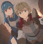  1boy 1girl armor blonde_hair blue_eyes blue_hair blush braid breastplate ceiling gilbert_(unicorn_overlord) hair_between_eyes hair_bun hairband hashtag-only_commentary highres holding holding_shoes holding_unworn_clothes indoors long_hair looking_at_viewer noshima open_mouth red_eyes shoes tile_ceiling tiles unicorn_overlord unworn_shoes virginia_(unicorn_overlord) 
