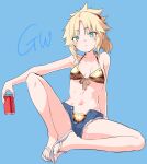  1girl bikini blonde_hair blue_background blue_shorts breasts can commentary_request cutoffs denim denim_shorts drink_can fate/apocrypha fate_(series) flip-flops front-tie_bikini_top front-tie_top gold_bikini golden_week green_eyes highres holding holding_can looking_at_viewer mordred_(fate) mozu_(peth) ponytail sandals short_shorts shorts simple_background small_breasts soda_can solo swimsuit 