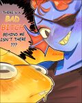  alphys blue_skin colored_skin dinosaur_girl english_text eyepatch fish_girl highres mangoo099 red_hair sharp_teeth teeth undertale undyne upper_body utdr_(toby_fox) yellow_skin 