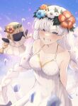  1girl anastasia_(fate) anastasia_(swimsuit_archer)_(fate) bangs bare_shoulders blue_eyes blue_sky blush bow braid breasts cleavage collarbone doll dress dress_swimsuit fate/grand_order fate_(series) flower_wreath grin hair_bow hair_over_one_eye haruwo head_wreath highres ice long_hair looking_at_viewer medium_breasts silver_hair sky smile twin_braids very_long_hair viy_(fate) white_dress 