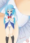  1girl ass_visible_through_thighs bangs black_legwear blonde_dog_girl_(ri-net) blue_eyes blue_hair blue_panties blue_sailor_collar blue_skirt blush borrowed_character bow bow_panties breasts closed_mouth clothes_lift commentary_request eyebrows_visible_through_hair frilled_panties frills hair_between_eyes hair_ornament highres kneehighs lifted_by_self long_hair medium_breasts mtu_virus multiple_views nose_blush one_side_up original panties polka_dot polka_dot_panties puffy_short_sleeves puffy_sleeves red_bow ri-net sailor_collar school_uniform serafuku shirt short_sleeves skirt skirt_lift underwear very_long_hair whale_hair_ornament white_background white_panties white_shirt 