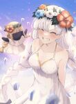  1girl anastasia_(fate) anastasia_(swimsuit_archer)_(fate) bangs bare_shoulders blue_sky blush bow braid breasts cleavage closed_eyes collarbone doll dress dress_swimsuit fate/grand_order fate_(series) flower_wreath grin hair_bow hair_over_one_eye haruwo head_wreath highres ice long_hair medium_breasts silver_hair sky smile twin_braids very_long_hair viy_(fate) white_dress 