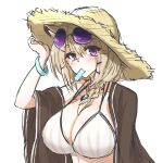  1girl adjusting_clothes adjusting_headwear animal_ear_fluff animal_ears arknights bare_shoulders between_breasts bikini black_shirt breasts commentary eyewear_on_head food food_in_mouth grey_bikini hair_over_shoulder hat large_breasts light_brown_hair long_hair maiq06 off_shoulder official_alternate_costume open_clothes open_shirt parted_lips popsicle purple_eyes shirt simple_background sketch solo stomach straw_hat striped striped_bikini sunglasses swimsuit tail upper_body utage_(arknights) utage_(summer_flowers)_(arknights) white_background 