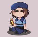  1girl absurdres artist_name beret black_gloves blue_hat blush brown_hair chibi closed_mouth commentary english_commentary figothefox fingerless_gloves food full_body gloves hat highres holding holding_food holding_sandwich jill_valentine meme resident_evil resident_evil_1 sandwich serious shadow short_hair simple_background single_glove sitting solo v-shaped_eyebrows 
