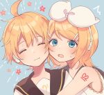  1boy 1girl :t ^^^ bangs bare_shoulders bass_clef black_collar blonde_hair blue_background blue_eyes bow cheek-to-cheek closed_eyes collar commentary flower hair_bow hair_ornament hairclip headphones heads_together hug kagamine_len kagamine_rin light_blush looking_at_viewer sailor_collar sazanami_(ripple1996) school_uniform shirt short_hair shoulder_tattoo sleeveless sleeveless_shirt spiked_hair sweat swept_bangs tattoo upper_body vocaloid white_bow white_shirt 