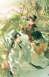  2boys absurdres alternate_hairstyle artist_name backpack bag bishounen black_hair black_hanfu black_hat boat bridge bug butterfly chinese_clothes commission couple flower gourd hair_ribbon hanfu hat headband highres holding holding_kite holding_staff holding_strap jin_(headwear) kite kite_string lan_wangji lantern leaf long_hair long_sleeves looking_at_another lotus lotus_leaf male_focus modao_zushi multiple_boys oil-paper_umbrella open_mouth outdoors parted_lips pink_flower red_eyes red_ribbon red_sash ribbon robe sash scroll shan_you_ting_su ship sidelocks smile staff umbrella updo very_long_hair water watercraft watermark watermark_grid wei_wuxian weibo_watermark white_hanfu white_hat white_headband wide_sleeves willow yaoi yellow_eyes zhouzi_jin_(headwear) 