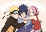  1girl 2boys :d absurdres beige_background black_hair blonde_hair character_name closed_eyes forehead forehead_protector grey_jacket grin haruno_sakura highres hug jacket multiple_boys naruto_(series) naruto_shippuuden ninja open_mouth pink_hair pinoko_(pnk623) red_shirt shirt short_hair simple_background sleeveless sleeveless_shirt smile team7 teeth uchiha_sasuke uzumaki_naruto v-shaped_eyebrows 